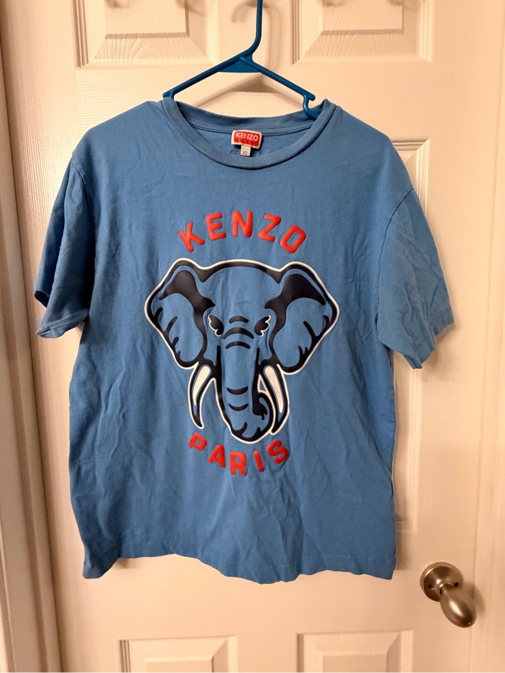 Kenzo Blue Tee with Elephant Logo and Red Lettering